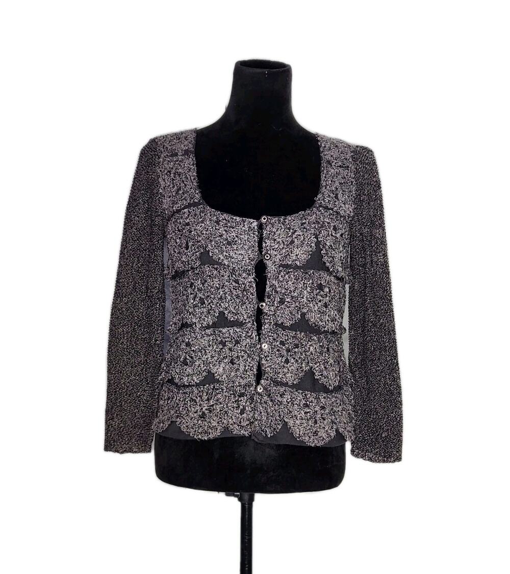 Free People Silk Blend Gray Knit Crochet Cardigan Size M Boho Fairy Whimsy